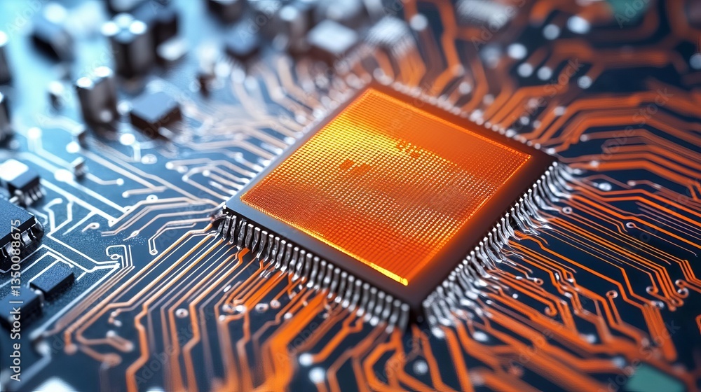 Poster closeup detailed view of orange glowing cpu microchip on circuit board high tech digital technology 