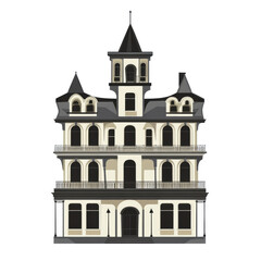 Fototapeta premium Victorian style mansion illustration with multiple balconies, towers, and ornate details, ideal for real estate, vintage home decor, or architectural projects.