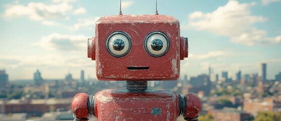 Rusty robot overlooking city