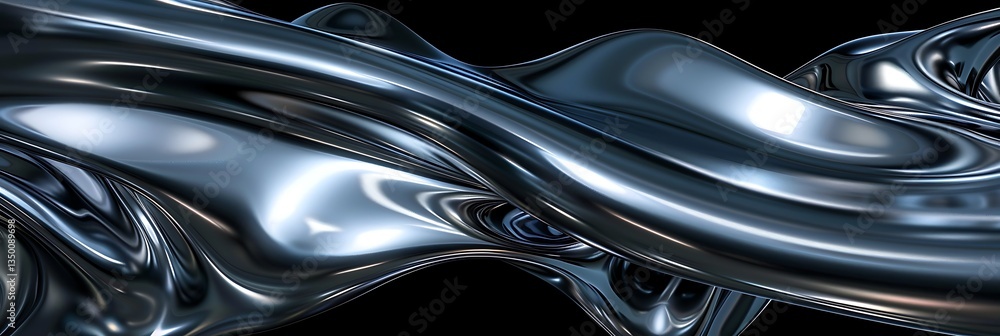 Poster abstract chrome liquid wave on black. smooth, reflective metal flow with dynamic curves, futuristic 