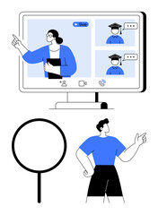 Virtual teacher presenting on live video conference viewers engage via chat. Student and magnifying glass emphasize education and research. Ideal for e-learning, teaching, training, webinar