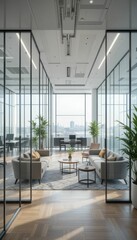 Fototapeta premium Modern Office Interior with Glass Walls and Bright Natural Light