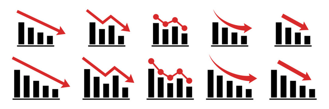 Graph decrease. Red arrow goes down sign. Crisis icon isolated.