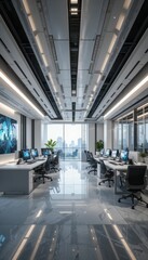 Modern Office Interior with High-Tech Workstations and City View