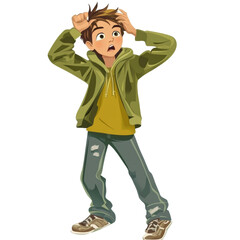 Obraz premium Concerned boy with hands on head, surprised expression in stylish casual clothing, cartoon character illustration, perfect for educational materials, posters, children’s books, and animations.