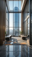 Modern Office Interior with City View and Towering Skyscraper