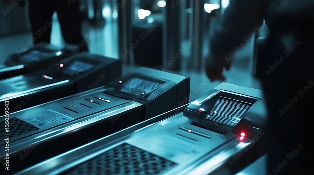 Poster a close-up of automated turnstiles in a dimly lit transit area.