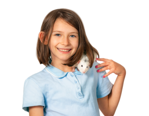 Girl holding her pet cute white rat on her shoulder isolated on white background.