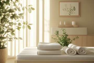 Mesa de massagem com toalhas brancas dobradas em ambiente minimalista com luz do sol filtrada por venezianas e plantas verdes ao redor, IA generativa