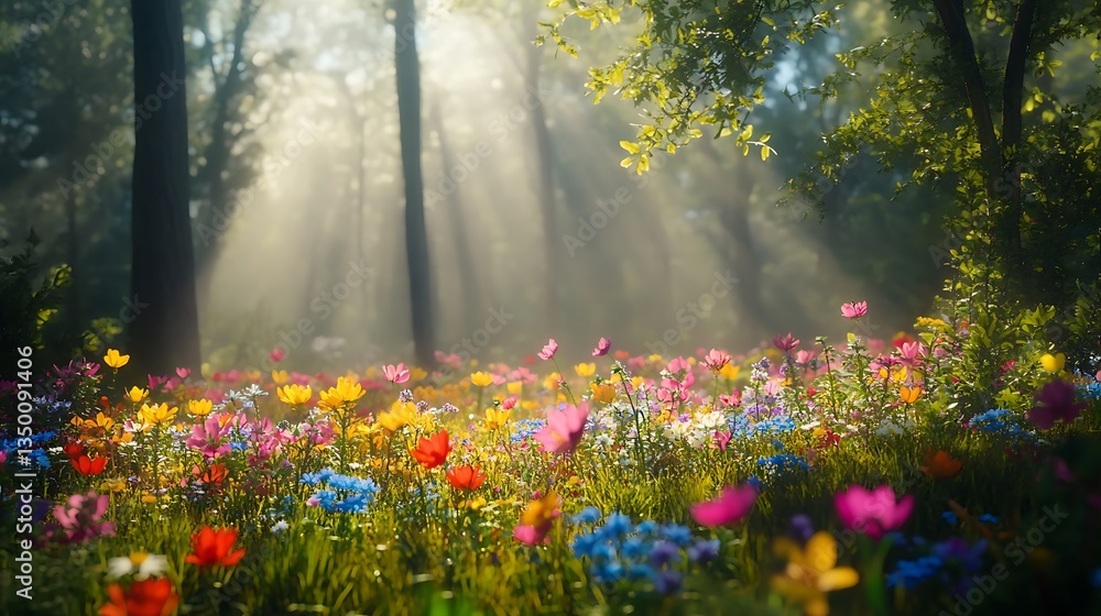Poster a serene forest scene filled with colorful flowers and soft sunlight filtering through trees.