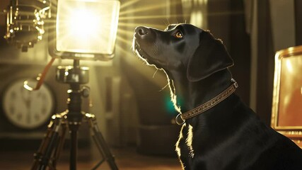 Dog sitting in front of camera. Room with lamp and dog. A black and white dog sits next to a black watch. A dog positioned in front of a camera lifestyle.