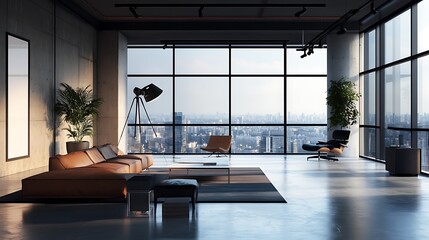 Modern interior with large windows showcasing a city skyline and stylish furniture.