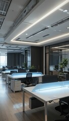 Modern Office Interior with Sleek Desks and Natural Lighting