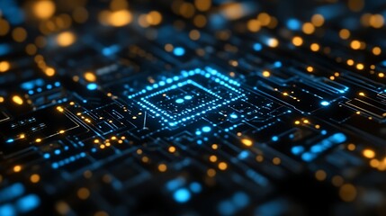 Glowing CPU on circuit board.
