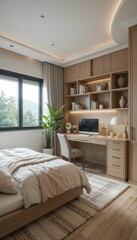 Obraz premium Cozy Modern Bedroom with Work Space and Natural Light Elements