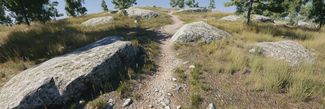 Scenic trail winds through a grassy hill dotted with rocks
