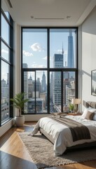 Modern Bedroom with City View Through Large Windows in Daylight