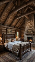 Fototapeta premium Cozy Rustic Bedroom with Stone Fireplace and Wooden Beams