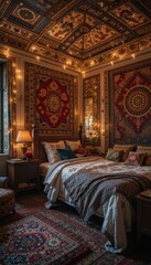 Cozy Bohemian Bedroom Decor with Colorful Textiles and Fairy Lights