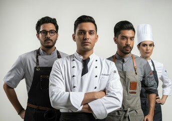 Group of professional chefs showcasing their culinary skills and teamwork