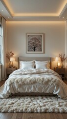 Cozy and Elegant Bedroom Interior with Soft Textiles and Warm Lighting