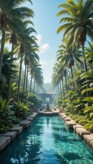 Fototapeta premium Tranquil Paradise with Lush Palm Trees and Serene Water Feature
