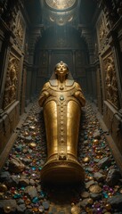 Fototapeta premium Golden Sarcophagus Surrounded by Treasures in Ancient Tomb