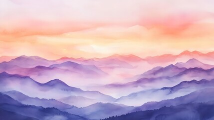 Obraz premium A serene watercolor landscape of layered mountains at sunset, evoking tranquility and beauty.