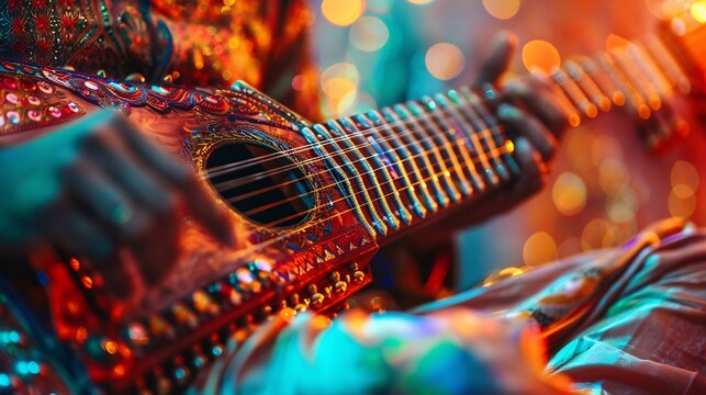 Radiant sitar emitting colorful Raga scales into the air as a musician plays blending the ancient art of Indian classical music with a mystical spiritual atmosphere
