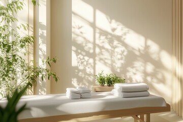 Mesa de massagem com toalhas brancas dobradas em ambiente minimalista com luz do sol filtrada por venezianas e plantas verdes ao redor, IA generativa