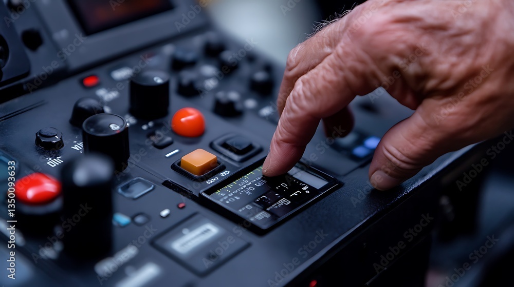 Poster a close-up of a hand adjusting controls on a recording or mixing device.