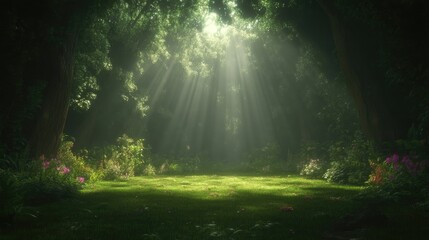 Sunlight streams through a lush forest clearing (2)