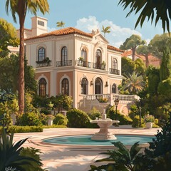 Elegant Mediterranean Villa with Lush Gardens and Fountain under a Bright Blue Sky - A Peaceful Oasis