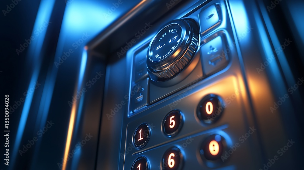 Poster close-up of an elevator control panel with buttons and a dial.