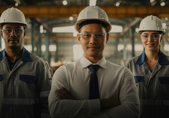Team of confident construction workers in safety gear at a job site