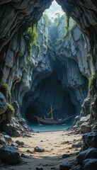 Serene Cave with a Boat and Lush Greenery in Stunning Landscape