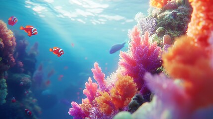 Naklejka premium Vibrant coral reef scene with colorful fish in a serene underwater environment.