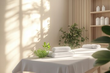 Mesa de massagem com toalhas brancas dobradas em ambiente minimalista com luz do sol filtrada por venezianas e plantas verdes ao redor, IA generativa