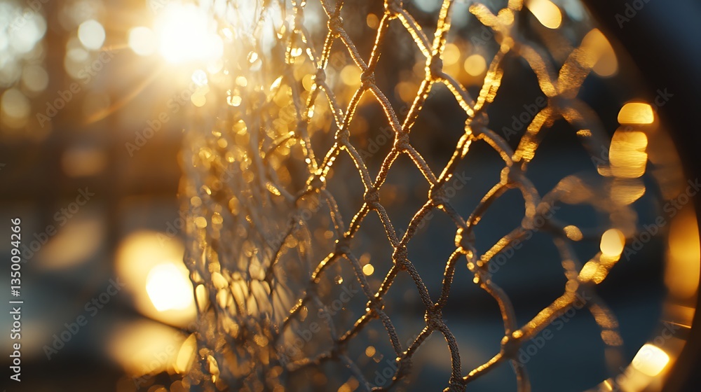Poster a close-up of a textured net with sunlight creating a warm, golden glow in the background.