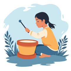 Child playing timpani joyfully in a vibrant outdoor setting, creativity