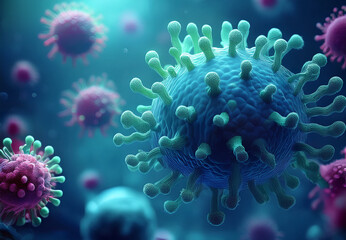 Naklejka premium Virus close-up, Hepatitic Virus, medizinische Konzepte, Forschung nach Krankheiten, 3d Detailaufnahme Bakterien und Erreger, Hintergrund Labor- Generated Image