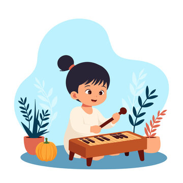 Child playing santur joyfully at home, a symbol of creativity