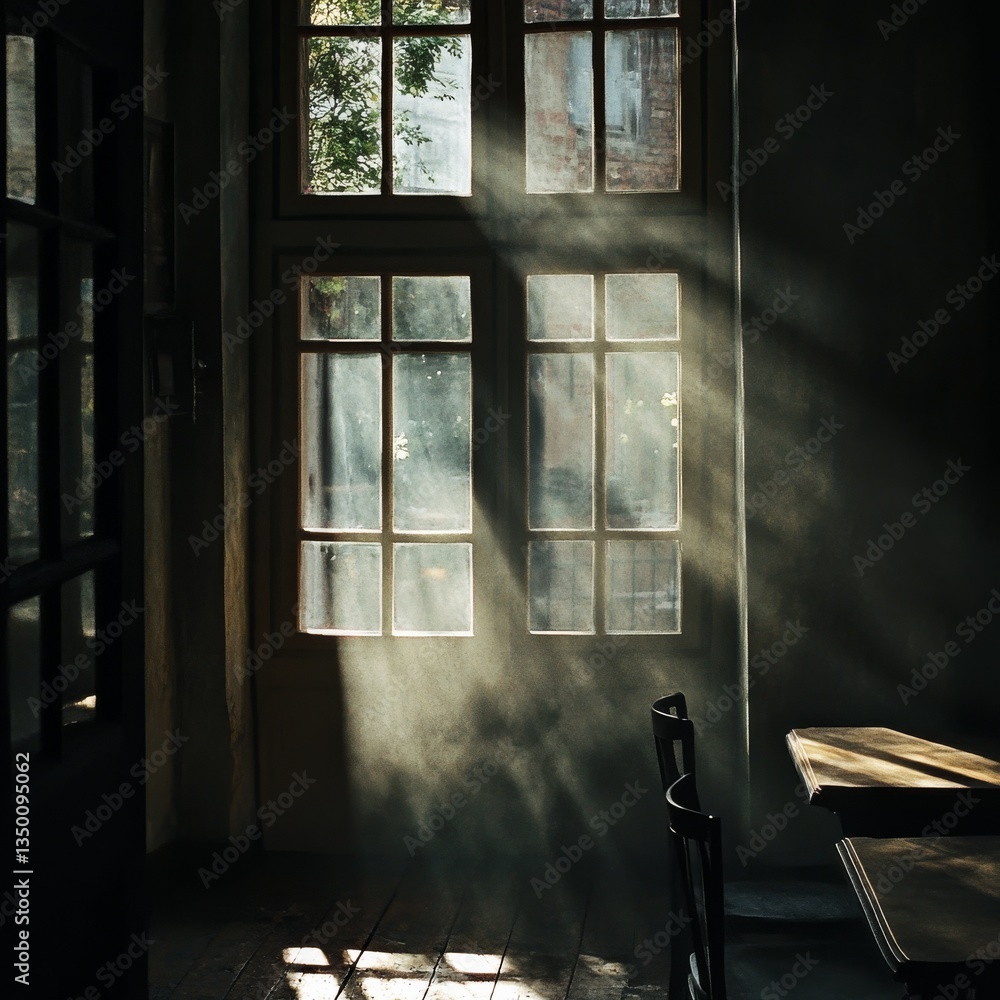 Aufkleber sunlight streaming through gridded windows in an old room, illuminating dust motes and casting shado