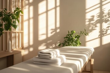 Mesa de massagem com toalhas brancas dobradas em ambiente minimalista com luz do sol filtrada por venezianas e plantas verdes ao redor, IA generativa