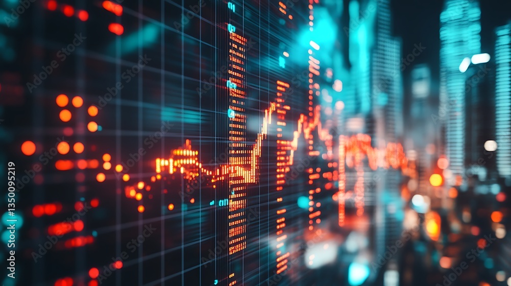 Poster abstract representation of financial data with glowing graphs and cityscape background.
