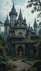 Obraz premium Enchanted Medieval Castle Surrounded by Lush Greenery and Trees