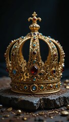 Ornate Golden Crown with Precious Gems on Dark Stone Surface