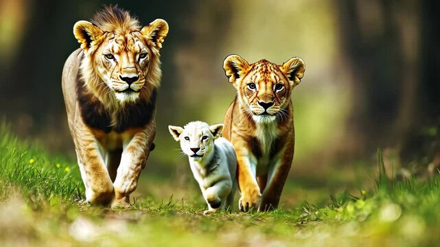 Charming lamb playfully evading two lively lions in a vibrant forest setting, Adorable Lamb Being Chased By Cute Lion
