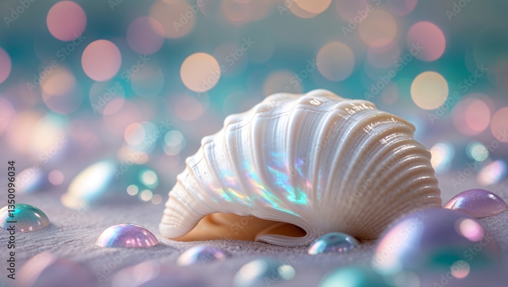 Poster beautiful seashell resting on a surface surrounded by iridescent bubbles in soft lighting