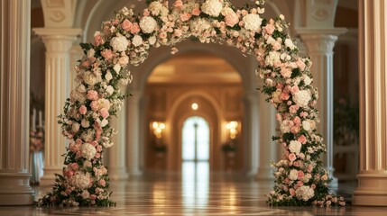 Elegant floral archway in grand hallway.